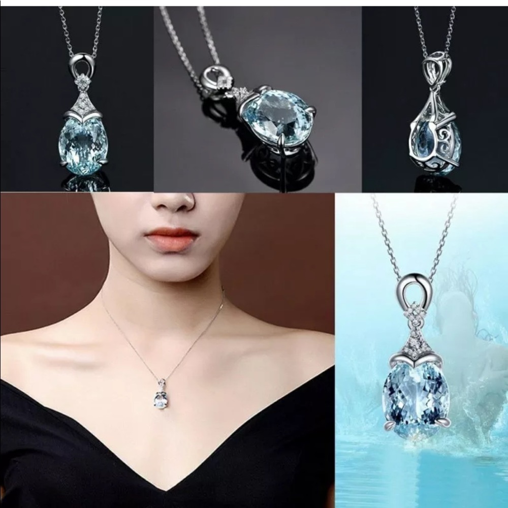 *Silver Blue Topaz Diamond Water Drop Necklace - Picture 5 of 7